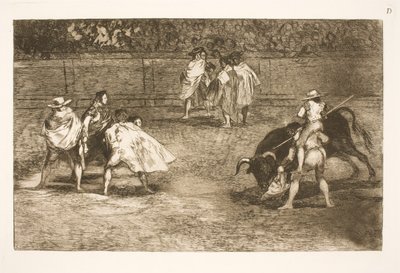 Bir yardımcının omuzlarına oturan bir boğa güreşçisi bir boğayı bıçaklıyor by Francisco de Goya