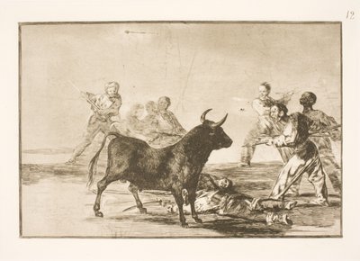 İnsanlar boğayı mızrak, fok, banderilla ve diğer silahlarla bıçaklıyor. by Francisco de Goya