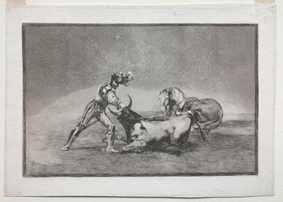 La Tauromaquia: Bir İspanyol Şövalyesi Atını Kaybettikten Sonra Boğayı Öldürüyor, 1815-1816. by Francisco de Goya