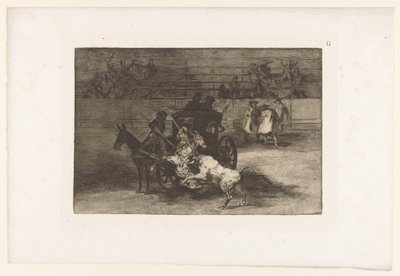 Erkekler bir arabadan bir boğaya saldırır Combat dans une voiture attelée de deux mulets Boğa Güreşi (dizi başlığı) La Taureaumachie (dizi adı) La Tauromaquia (dizi adı) by Francisco de Goya