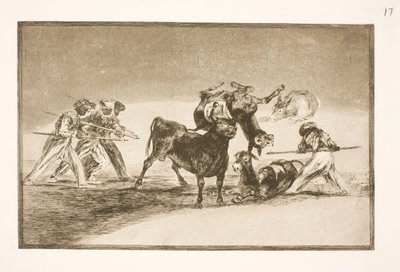 Moors, boynuzları mermilerle donatılmış boğaya karşı kendilerini savunmak için eşekleri bir bariyer olarak kullanıyor by Francisco de Goya