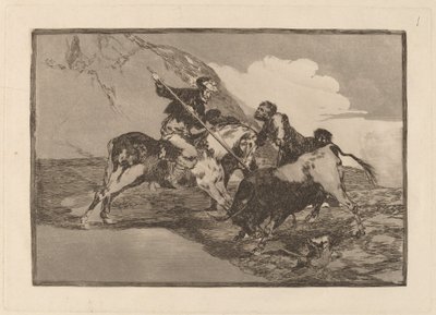 Eski İspanyolların tarlada at sırtında boğa avlama şekli (Eski İspanyolların Açık Kırlarda At Sırtında Boğa Avlama Yolu) by Francisco de Goya