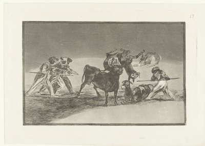 Bir boğayla savaşan Moors ve eşekler Palenque de los Moros hecho con burros para defans del toro embolado La Tauromaquia (dizi adı) Boğa Güreşi (dizi başlığı) by Francisco de Goya
