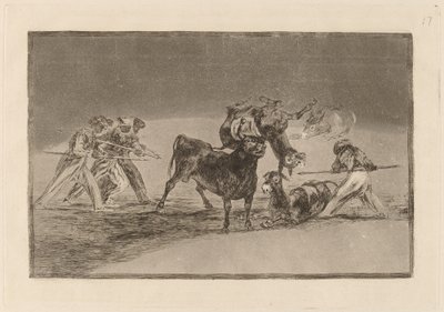 Palenque de los moros hecho con burros para defenderse del toro embolado (Moors, Boynuzları Toplarla Devrilen Boğaya Karşı Kendilerini Savunmak İçin Eşekleri Bariyer Olarak Kullanır) by Francisco de Goya