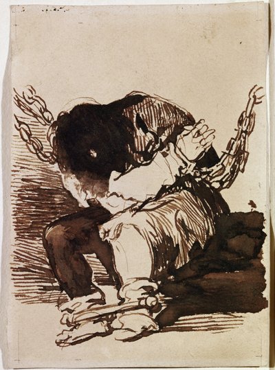 Mahkum zinciri oturuyor. (Hazırlık çizimi by Francisco de Goya