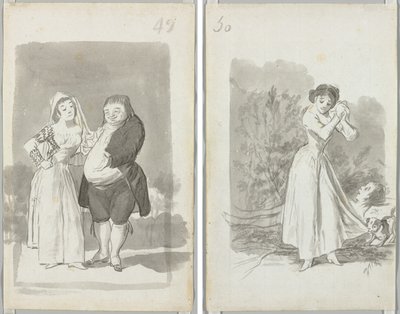 Fahişe Şişman, Çirkin Bir Adam (rekto); Ellerini Bir Adamın Çıplak Vücuduna Sıkan Genç Kadın (versi) by Francisco de Goya