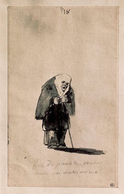 Que disparate, pensar aun en matrimonio (Hâlâ evliliği düşünmek ne saçmalık), c. 1819-23 (Fırça, Hint mürekkebi, siyah taşla ön çizim, beyaz serilmiş kağıt üzerine) by Francisco de Goya