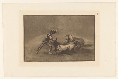 Spanse rider doodt een stier Bir İspanyol şövalyesi atını kaybettikten sonra bir boğayı öldürdü Stierengevechten (dizi adı) La Taureamachie (dizi adı) Boğa Güreşi (dizi başlığı) by Francisco de Goya