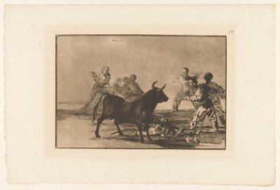 Stierenvechters rondom een ​​​​stier Mızraklar, yarım aylar, branderillalar ve diğer silahlarla alçakın çenesi Stierengevechten (dizi adı) La Taureamachie (dizi adı) Boğa Güreşi (dizi başlığı) by Francisco de Goya