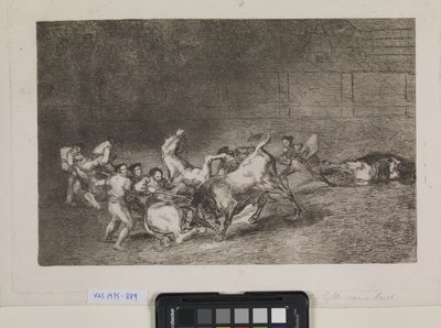 İki pikador takımı birbiri ardına tek bir boğa tarafından devrildi by Francisco de Goya