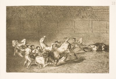 İki pikador takımı birbiri ardına tek bir boğa tarafından devrildi by Francisco de Goya