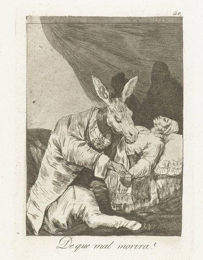 Neyden ölecek? Que mal morira mı? (nesne üzerindeki başlık) Los Caprichos (dizi adı) by Francisco de Goya