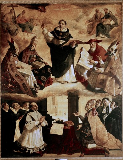Sevilla'daki de Santo Tomas Koleji Belediye Başkanı için tablolar: Aquinas'lı Aziz Thomas'ın tanrılaştırılması veya kilise doktorlarıyla birlikte Aziz Thomas Aquinas'ın tanrılaştırılması by Francisco de Zurbaran
