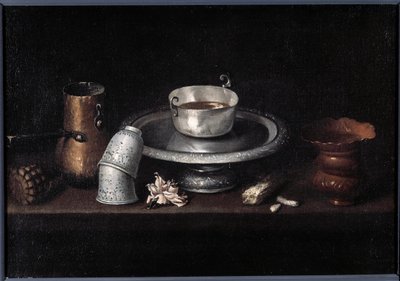 Çikolatalı fincan, bardakların natürmort çikolatalı kahvaltısı. Francisco de Zurbaran