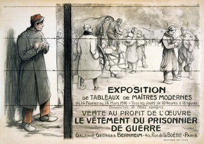 Savaş Esirleri için giysi için para toplamak amacıyla satılacak bir Resim Sergisi Reklamı by Francisque Poulbot