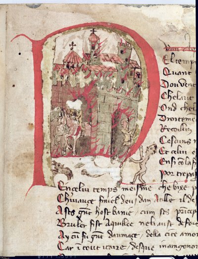Bayan Est 27 W 8.17 f.1r Nicola da Casola tarafından Attila Savaşı'ndan Aquila şehrini yakan Hun Attila'yı (c.406-453) betimleyen tarihi ilk betimleme by Franco-Italian School