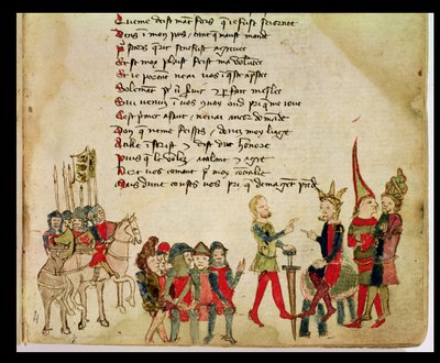 Bayan Est 27 W 8.17 f.4r Attila the Hun (c.406-453) savaşçılarından biriyle tartışırken, Nicola da Casola