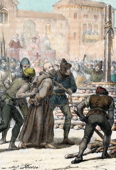 İtalyan dini reformcu Arnaldo da Brescia'nın (Arnaud de Brescia) (1100-1155) 18 Haziran 1155'te infazı (İtalyan kanon müdavimi Arnold (Arnaldus) of Brescia'nın yakılması Haziran 1155) Franco Mistrali'nin “I misteri del vaticano” gravürü 186 by Franco Mistrali