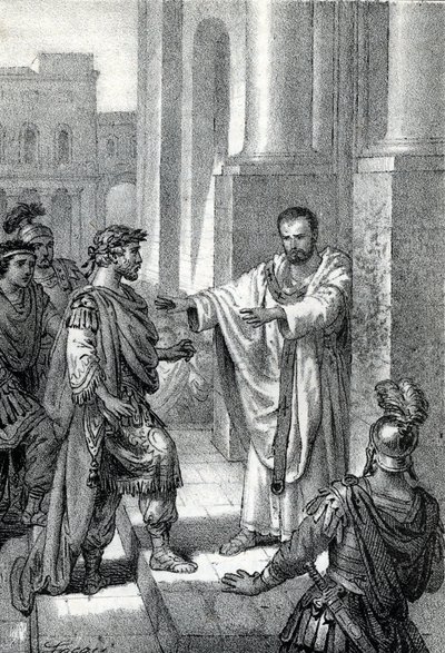 Milano Başpiskoposu Aziz Ambrose (Aurelius Ambrosius, Ambrogio di Milano (340-397), Roma imparatoru I. Theodosius'a (Flavius Theodosius) (347-395) 390'da Selanik katliamından dolayı onu cezalandırmak için kilisenin girişini yasakladı - Excommunicat by Franco Mistrali