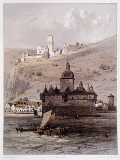 Chateau a Pfalz, Almanya. “” Anıtsal ve pitoresk Ren Nehri”nde. Fourmais ve Stroobant tarafından yapılan litografiler by Francois Stroobant