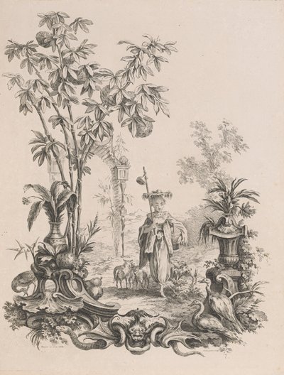 Koyunlarıyla çevrili yürüyen genç Çinli kız, ca.1740-50. by Francois Antoine Aveline