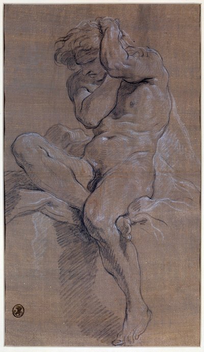Oturan çıplak adam Akademisi Francois Boucher (1703-1770) tarafından kırmızı kanla çizim 18. yüzyıl Paris, Louvre Müzesi by François Boucher