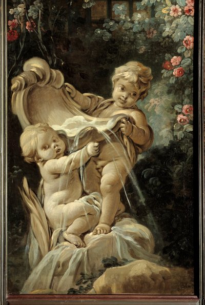 Oturma odasının kapı paneli Demarteau: Biri diz çökmüş iki aşklı çeşme. Francois Boucher (1703-1770) tarafından yapılan boyama by François Boucher