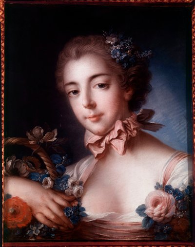 Çiçek sepetine yaslanmış genç bir kadının portresi. Francois Boucher
