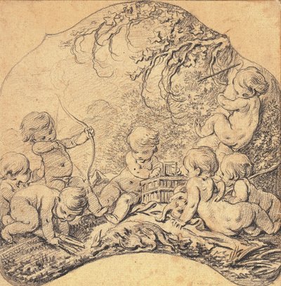 Putti bir manzarada ok atıyor ve bir kafes açıyor, ön planda bir av ödülü (kağıt üzerine siyah tebeşir) by François Boucher