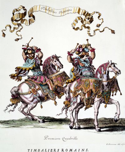 1662 yılında Kral Louis XIV (1638-1715) tarafından verilen atlıkarınca sırasında Roma timbaliers Francois Chauveau (1613-1676) tarafından gravür 17. yüzyıl Özel Koleksiyon by Francois Chauveau