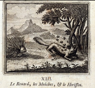 Fox, Sinekler ve Herisson. Jean de La Fontaine