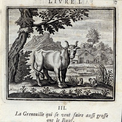 The Frog who wants to get as big as the Beef. Fables by Jean de La Fontaine (1621-95). Illustration by François Chauveau (1613-1676). Edition of 1728. by Francois Chauveau