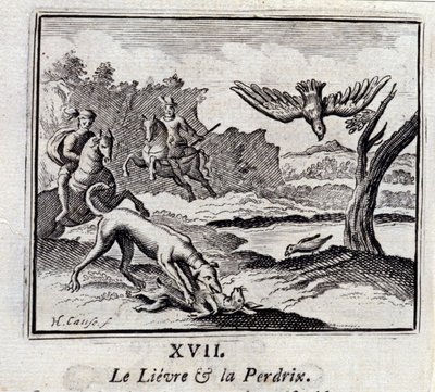 The Lievre and the Pardrix.Fables by Jean de La Fontaine (1621-95). Illustration by François Chauveau (1613-1676). Edition of 1728. by Francois Chauveau
