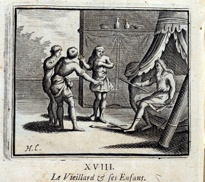 Yaşlı Adam ve Çocukları. Jean de La Fontaine'in (1621-95) Masalları. François Chauveau'nun çizimi (1613-1676). 1728 baskısı. by Francois Chauveau