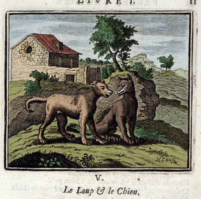 Kurt ve Köpek. Jean de La Fontaine'in (1621-1695) Masalları. Francois Chauveau'nun çizimi (1613-1676). 1728 baskısı. by Francois Chauveau