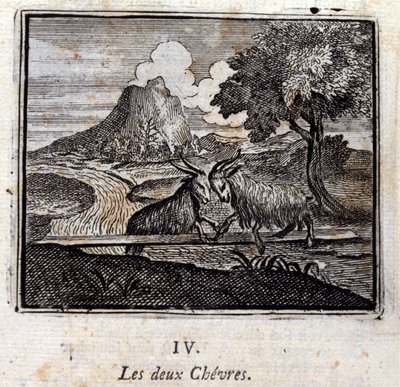 The two goats. Fables by Jean de La Fontaine (1621-95). Illustration by François Chauveau (1613-1676). Edition of 1728. by Francois Chauveau