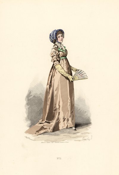 Fındık rengi elbise, fichu-chemise ve mavi şapkalı kadın. by Francois Claudius (after) Compte Calix