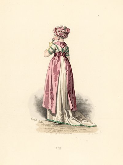 Beyaz elbiseli ve yeşil süslemeli, pembe önlüklü bir kadın. by Francois Claudius (after) Compte Calix