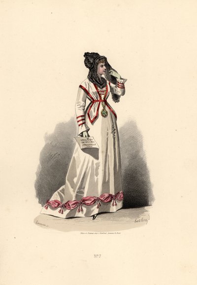 Pembe kabarıklarla süslenmiş beyaz elbiseli kadın. by Francois Claudius (after) Compte Calix