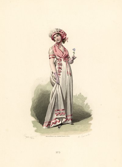 Beyaz elbiseli, pembe fichu ve korsajlı kadın. by Francois Claudius (after) Compte Calix