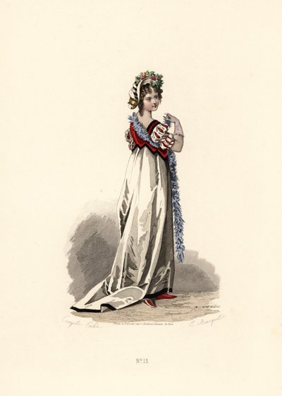 Siyah kadife süslemeli beyaz elbiseli kadın. by Francois Claudius (after) Compte Calix