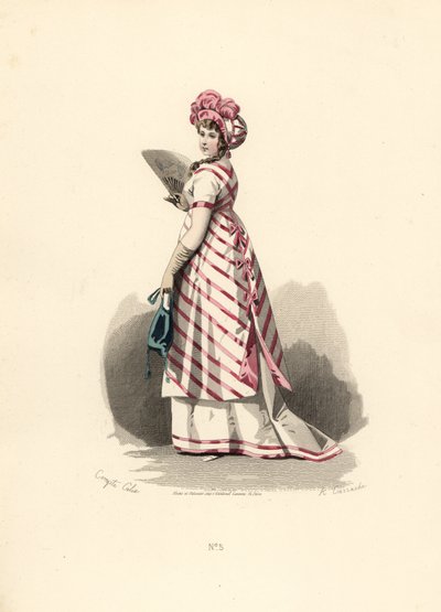 Pembe trim, çizgili önlük ile beyaz elbiseli kadın. by Francois Claudius (after) Compte Calix