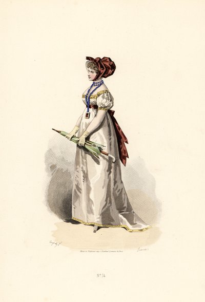 Saman rengi süslemeli ve garnet kemerli beyaz elbiseli kadın. by Francois Claudius (after) Compte Calix