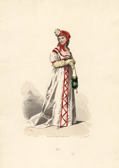 Kadife tasarımı ile beyaz elbiseli kadın. by Francois Claudius (after) Compte Calix