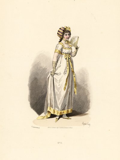 Fan ile sarı süslemeli beyaz elbiseli kadın. by Francois Claudius (after) Compte Calix
