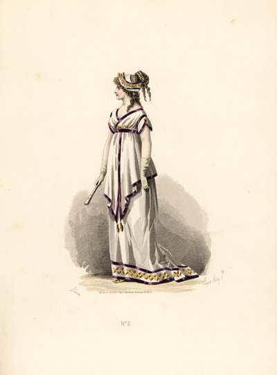 Leylak kadife ile süslenmiş beyaz tunik elbiseli kadın. by Francois Claudius (after) Compte Calix
