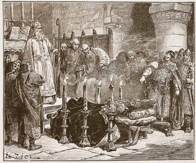 Fitz-Arthur, William'ın gömülmesini yasaklıyor, 'Cassell's Illustrated History of England'dan bir çizim (sepya fotoğrafı) by Francois Edouard Zier