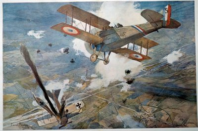 Birinci Dünya Savaşı “” Air Fight” Düşman uçağı alevler içinde düşüyor. Francois Flameng
