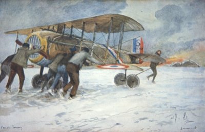 Yer ekibi ve pilot, bir Fransız Spad avcı uçağını karların arasından hangara götürürken, Ocak 1918 (renkli litho0 by Francois Flameng