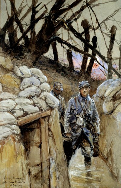 Birinci Dünya Savaşı: “” Notre-Dame-de-Lorette siperinde bir çorba corvee askeri 28/06/1915”” Francois Flameng (1856-1923) tarafından suluboya resim Haziran 1915 Güneş. 0,3x0,48 m Paris, Musee de l